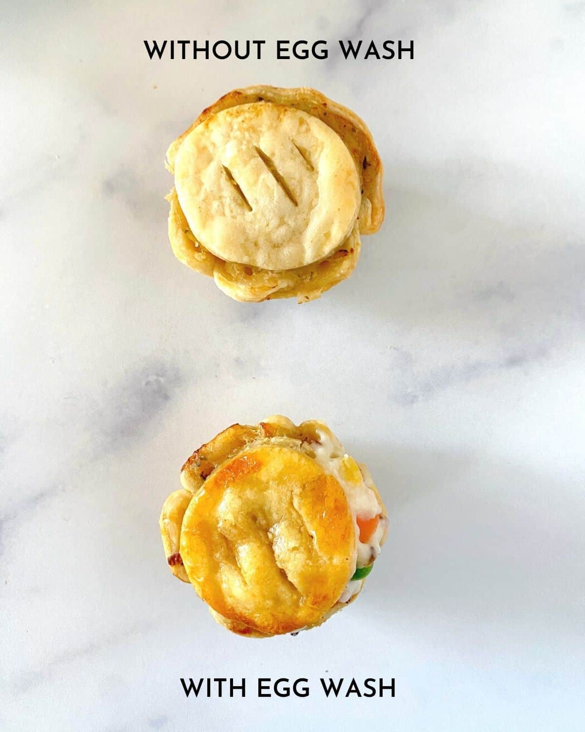 Overhead of mini pot pies with and without egg wash.