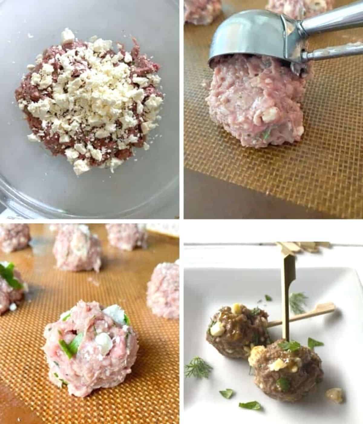 Steps for how to make greek feta cheese lamb meatballs.