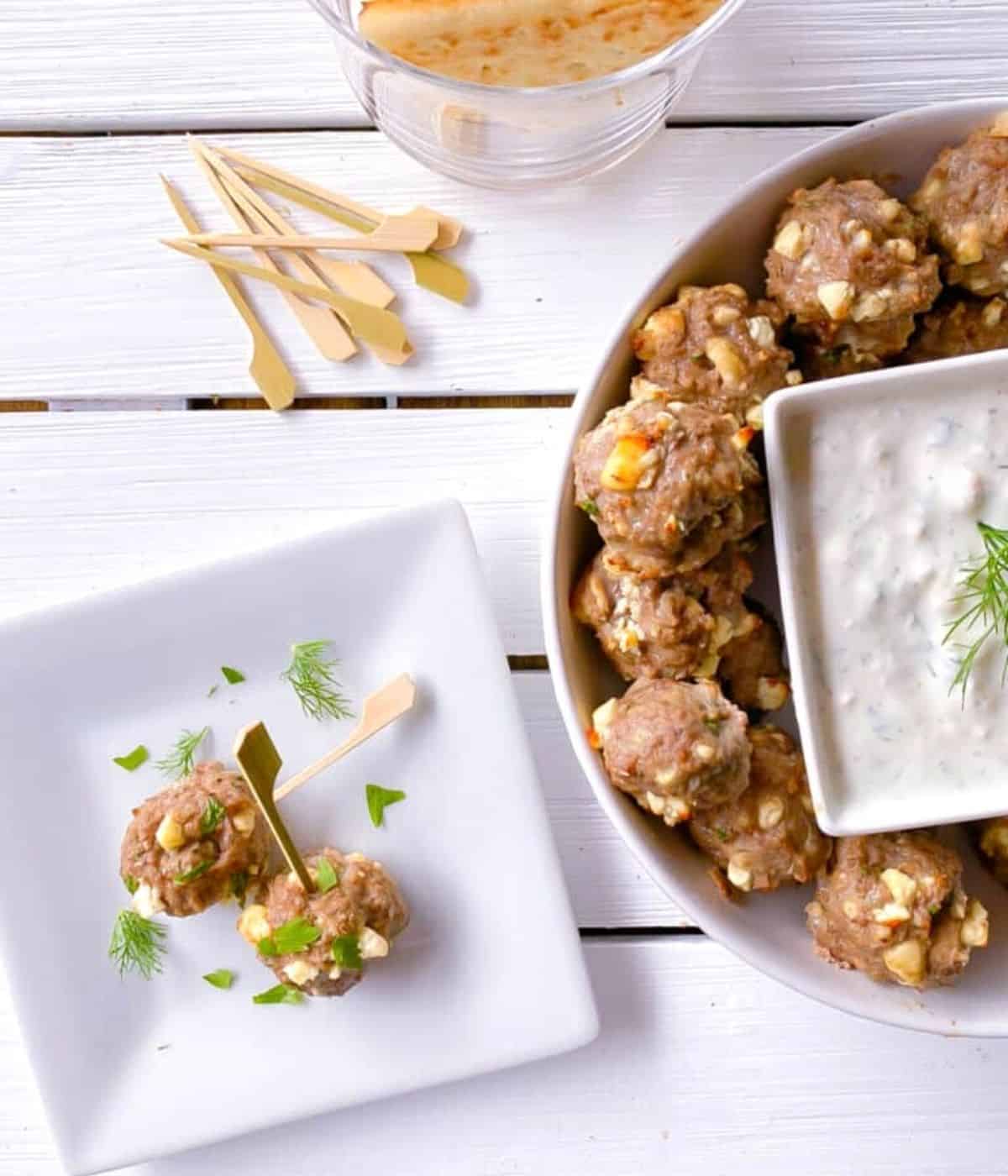 Greek lamb meatball appetizers with feta cheese.