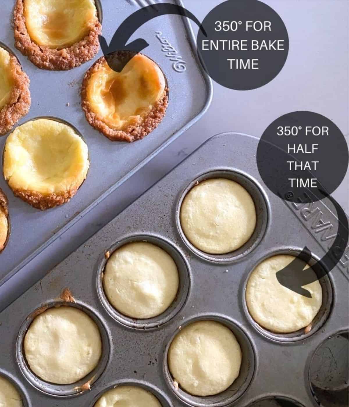 comparison of mini cheesecake cups in muffin pan at different bake times.