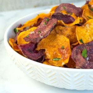 air fried sweet potato chips in a bowl.