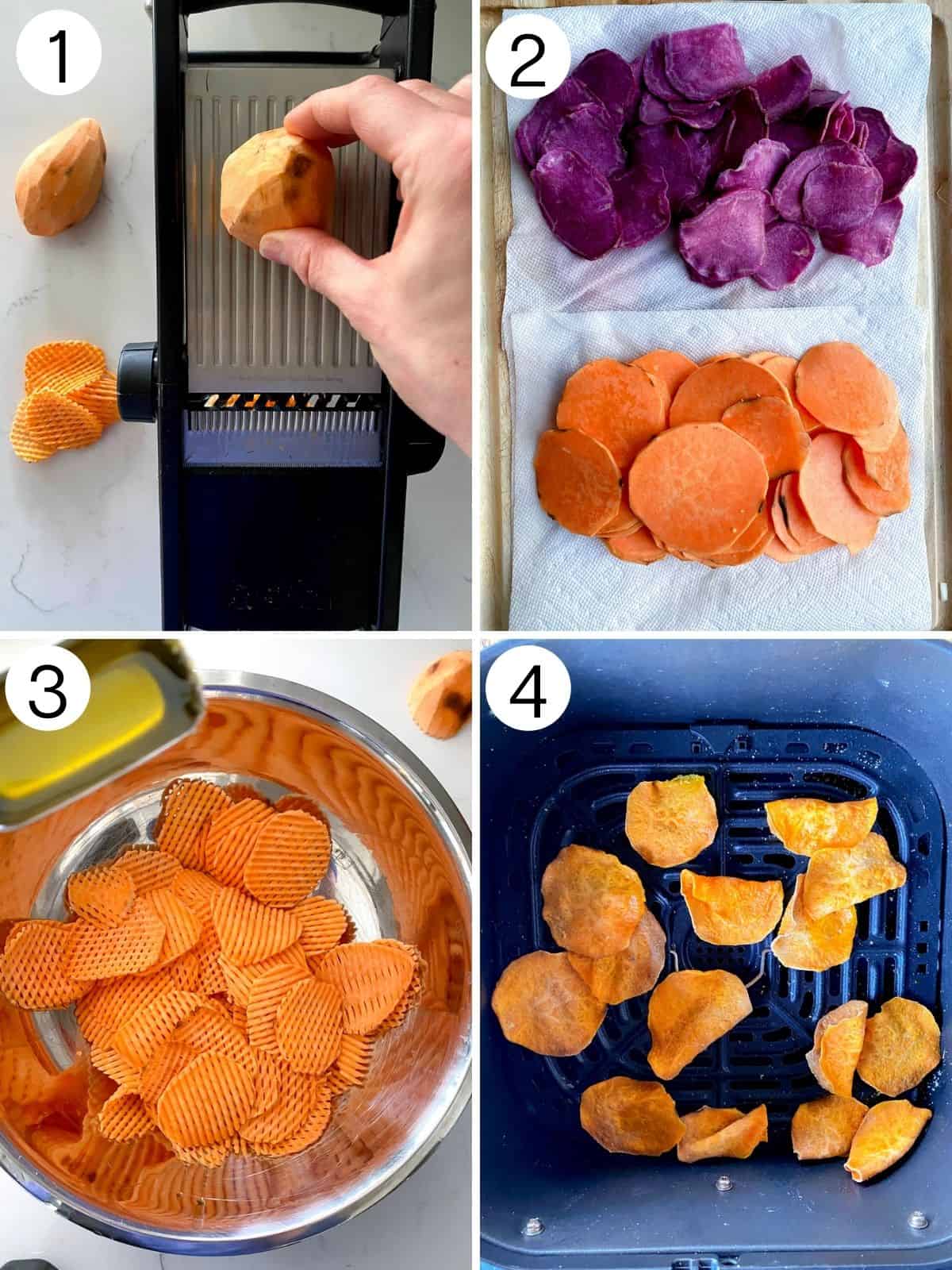 Steps to make air fried sweet potato chips.