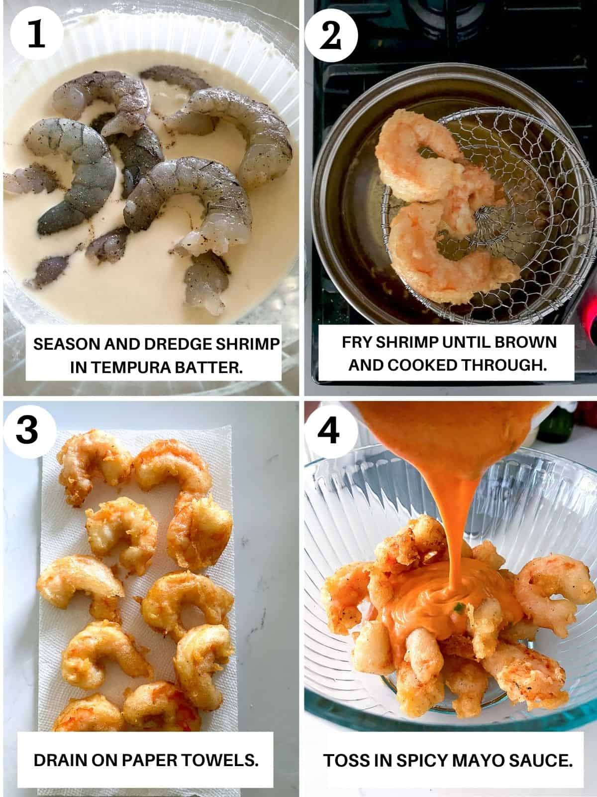 Step by step photos showing how to dredge, season and coat dynamite shrimp.