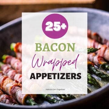 Bacon wrapped asparagus with text overlay, "bacon wrapped appetizers".