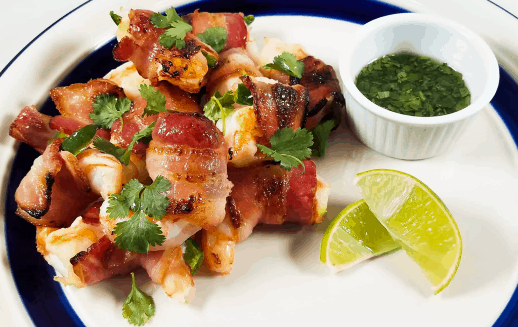 Jalapeno stuffed shrimp on a wround white plate with lime wedges and a green leaf garnish next to a small white bowl of sauce. 