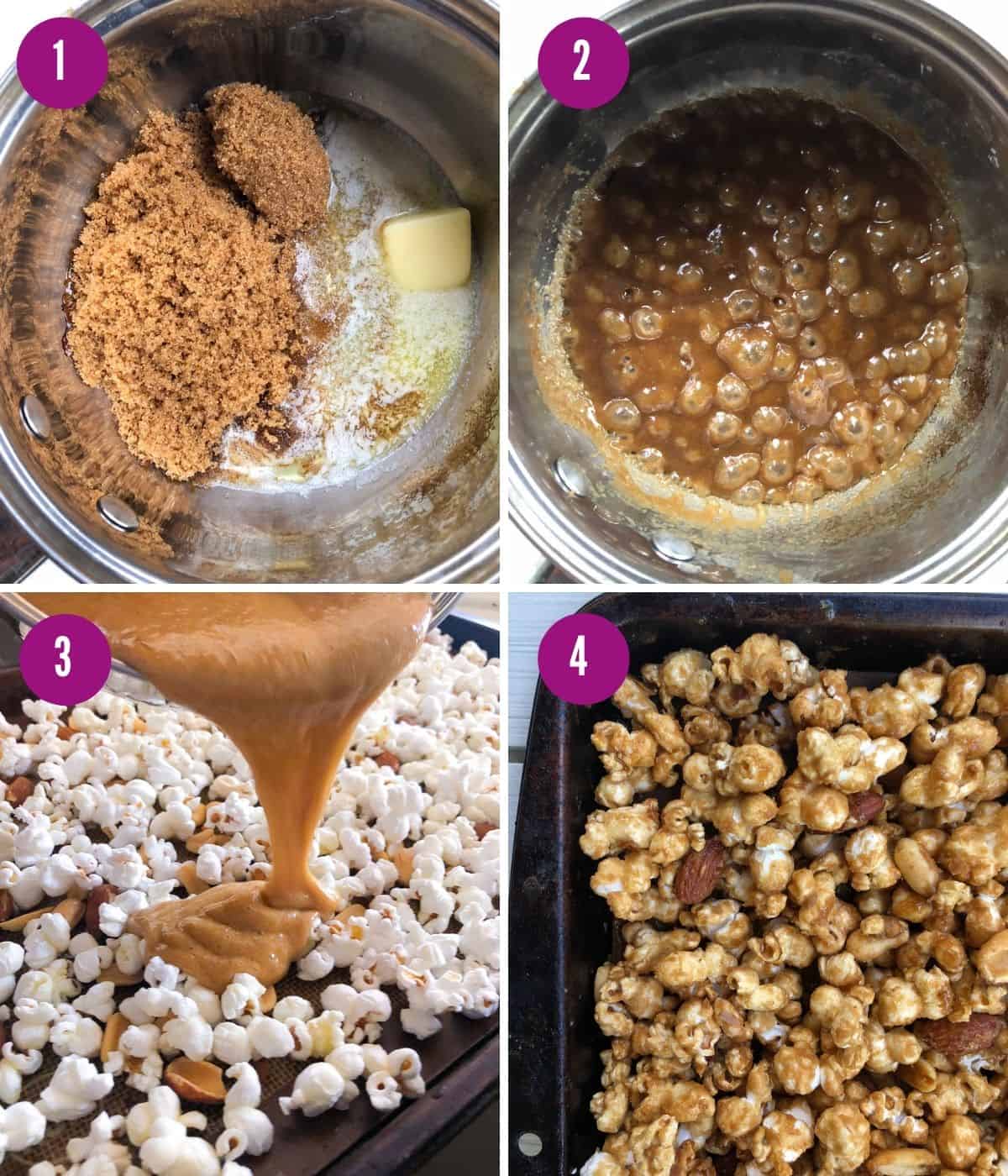 Steps for how to make your own caramel sauce for caramel popcorn.