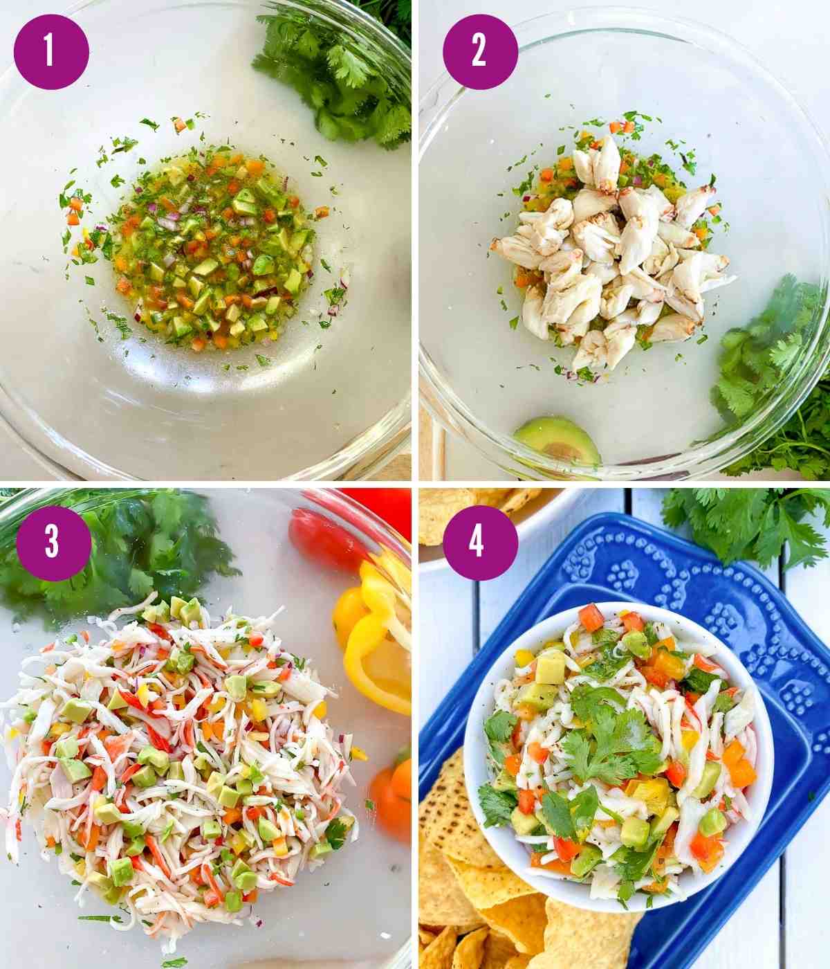 Steps showing how to prepare crab ceviche.