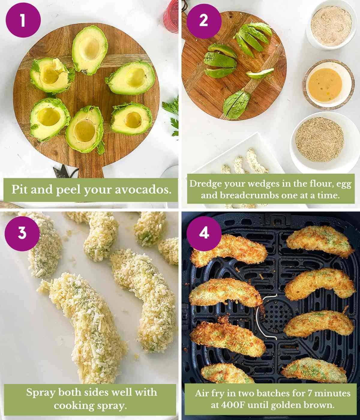 Steps showing how to make avocado fries using an air fryer.