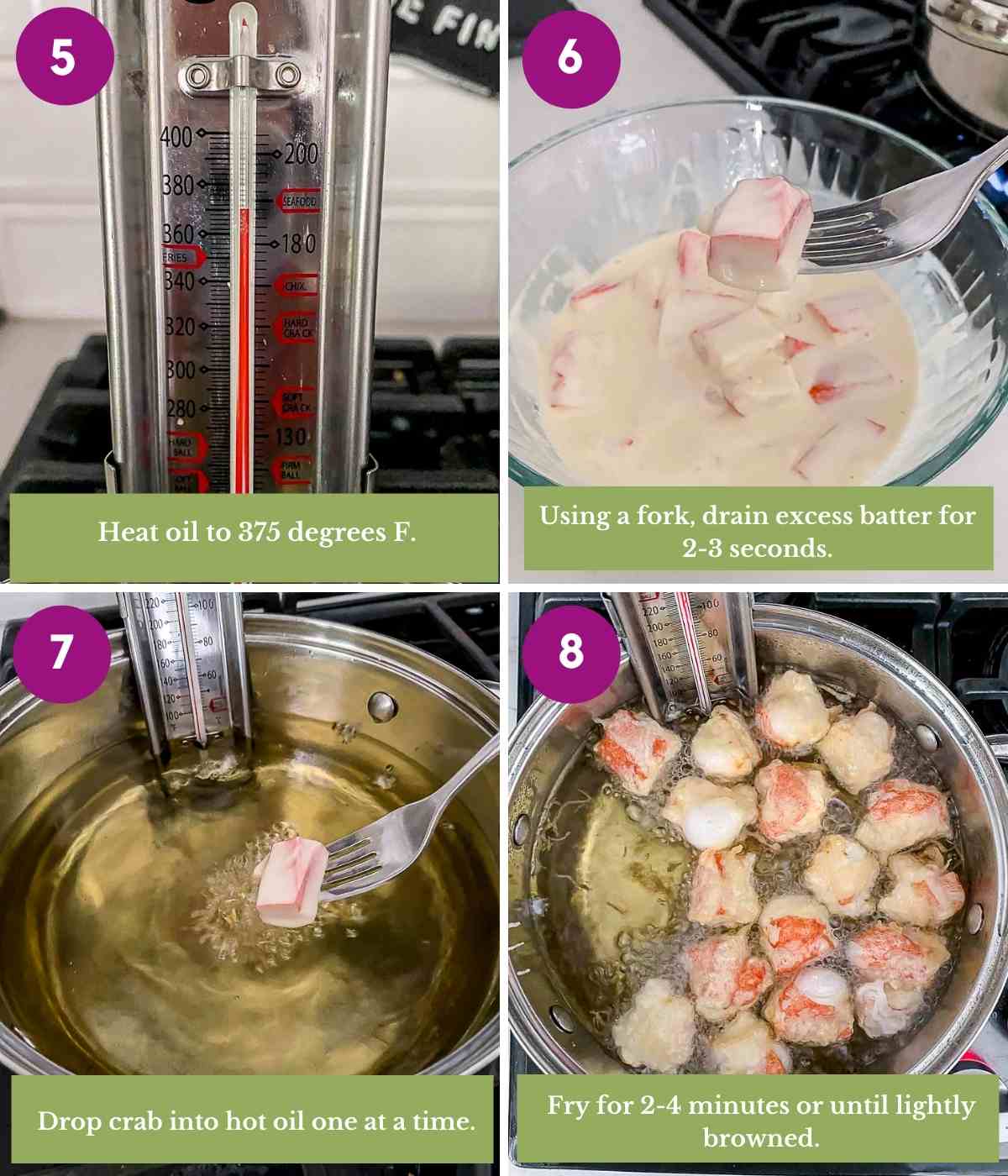 Steps showing how to fry crab sticks in oil.