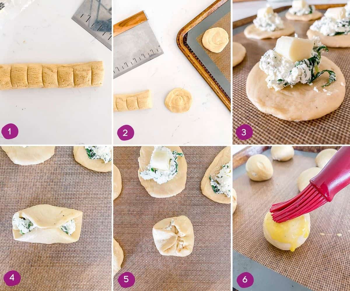 Steps for how to stuff and bake mini calzones.