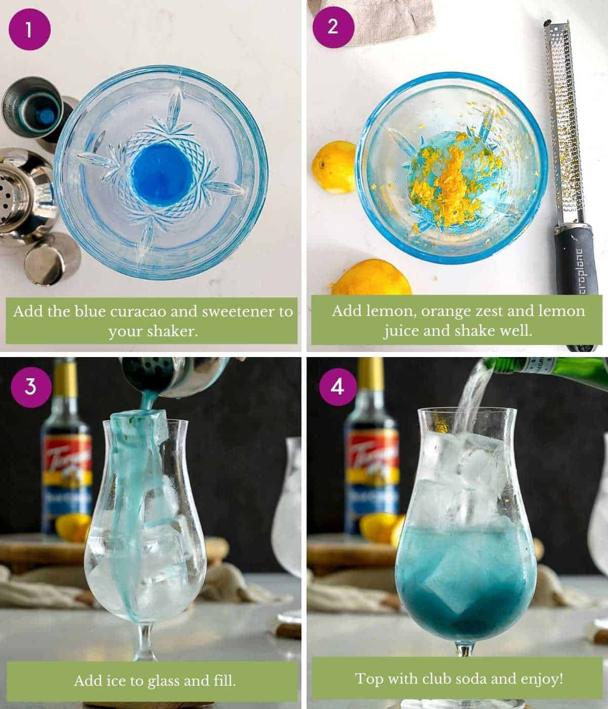 Steps for how to make a virgin blue lagoon mocktail.