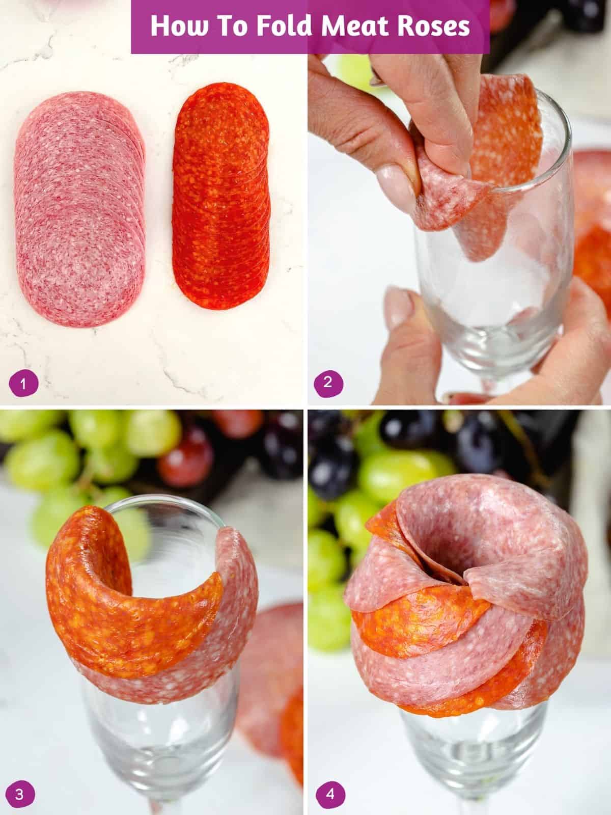 Steps showing how to fold meat roses using pepperoni and salami meat for charcuterie board.