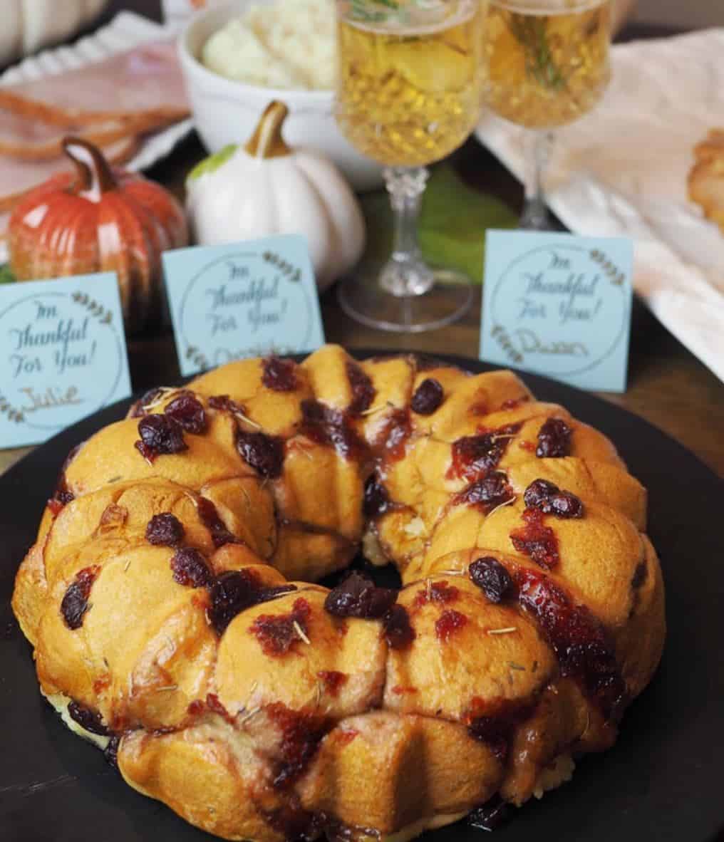 Pull apart bread with cranberries and fall decorations. 