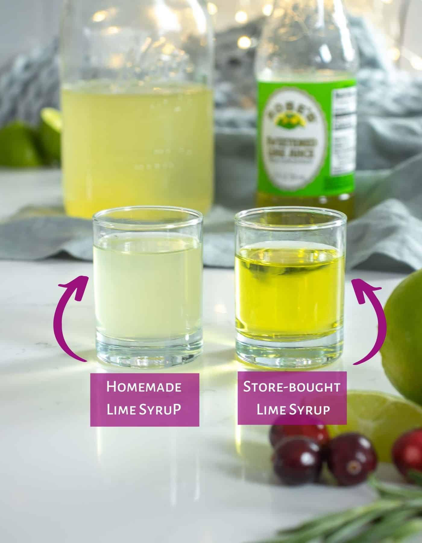 Comparing the difference between homemade lime simple syrup and store-bought.