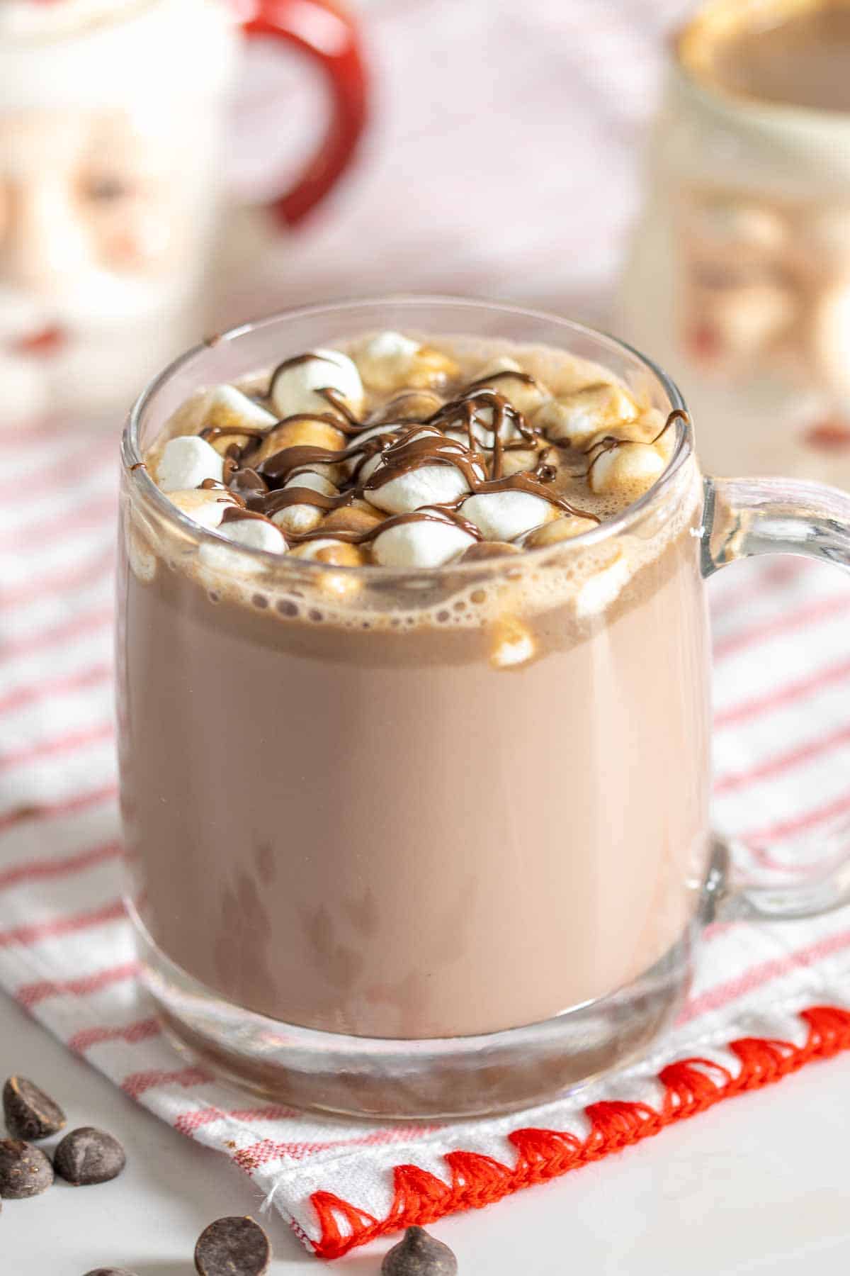 Chocolate chip hot chocolate in a mug with marshmallows and chocolate on top.