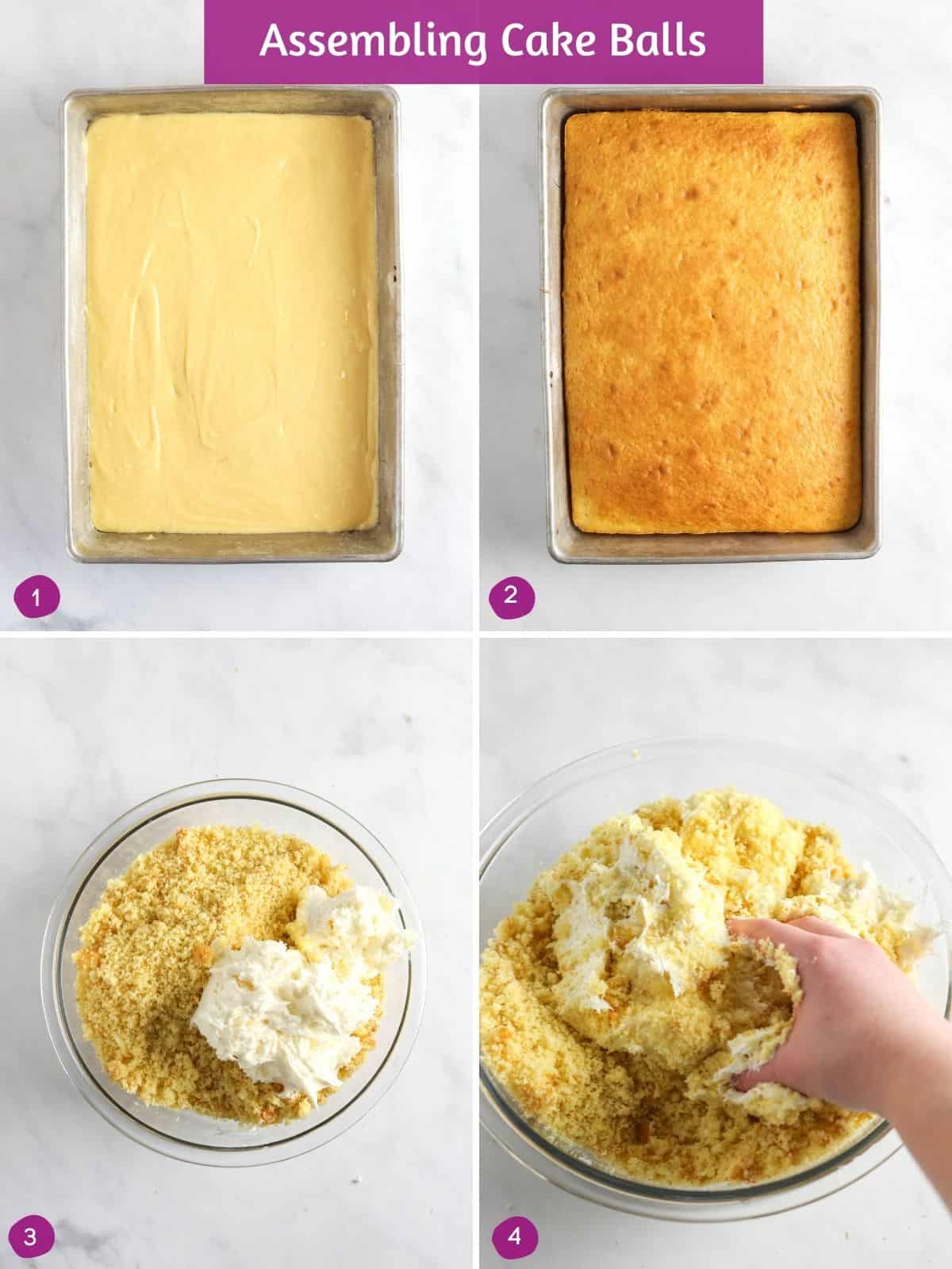 Steps for how to bake and crumble cake for cake balls.