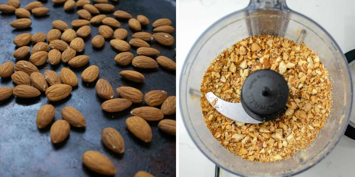 Roasting almonds on baking pan and crushing them in a food processor.