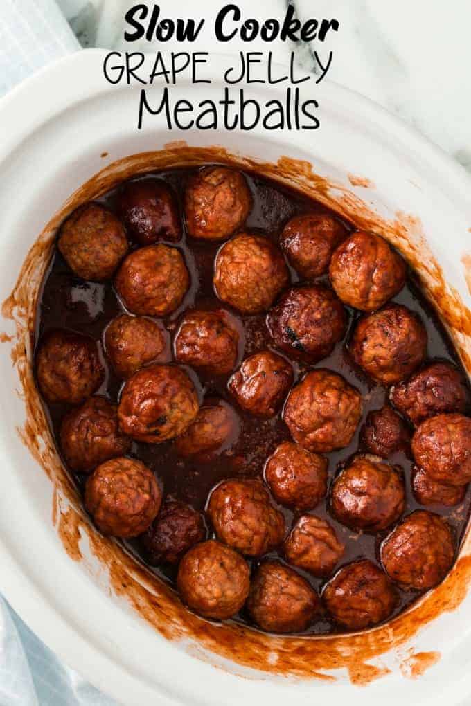 Grape jelly meatballs in a crock pot.