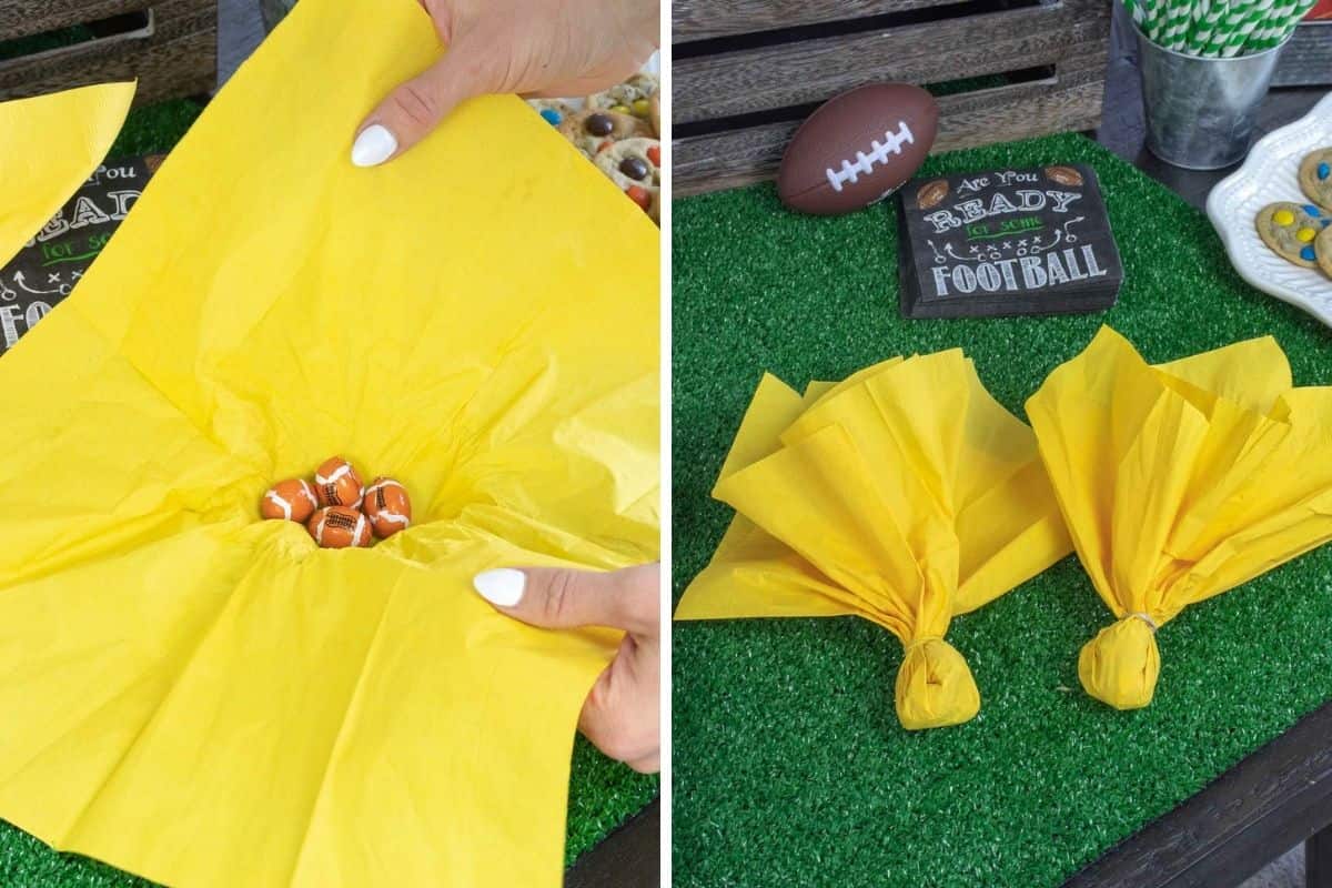 Yellow napkin being filled with candies and turned into a penalty flag.