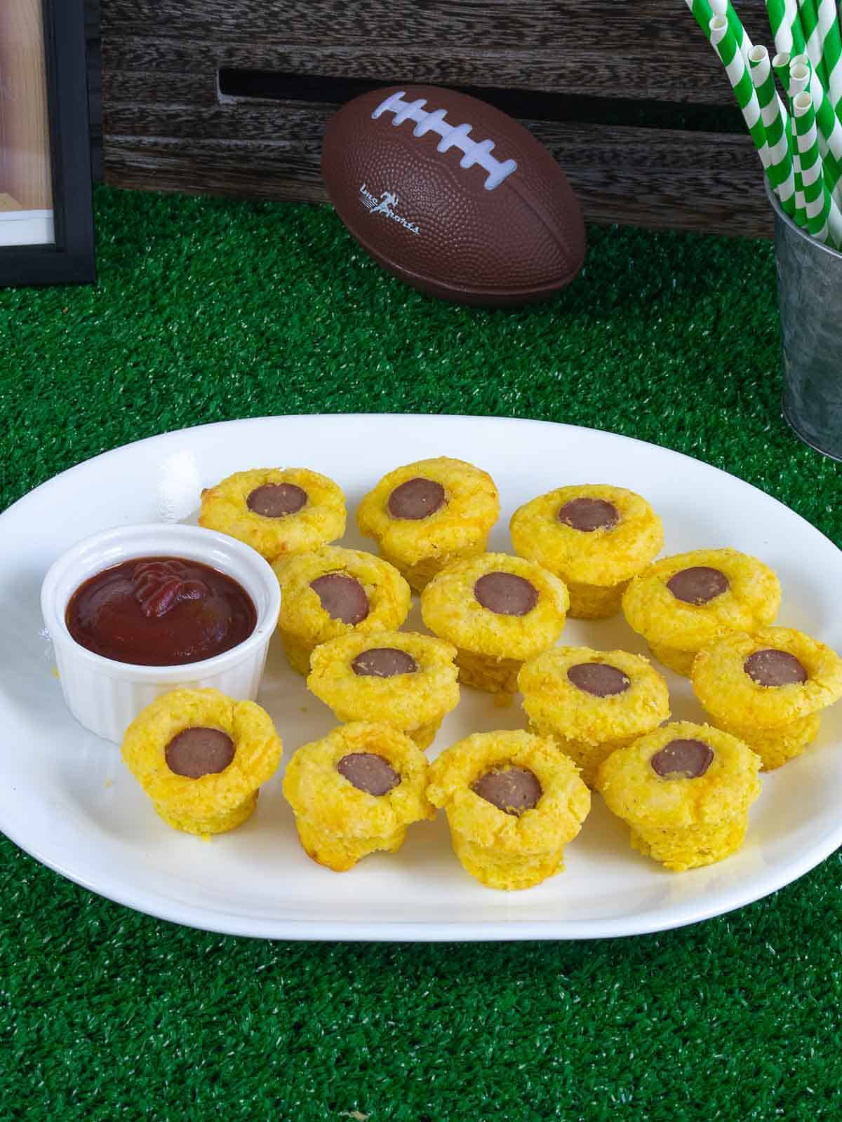 Corndog muffin appetizer on Super Bowl appetizer table.