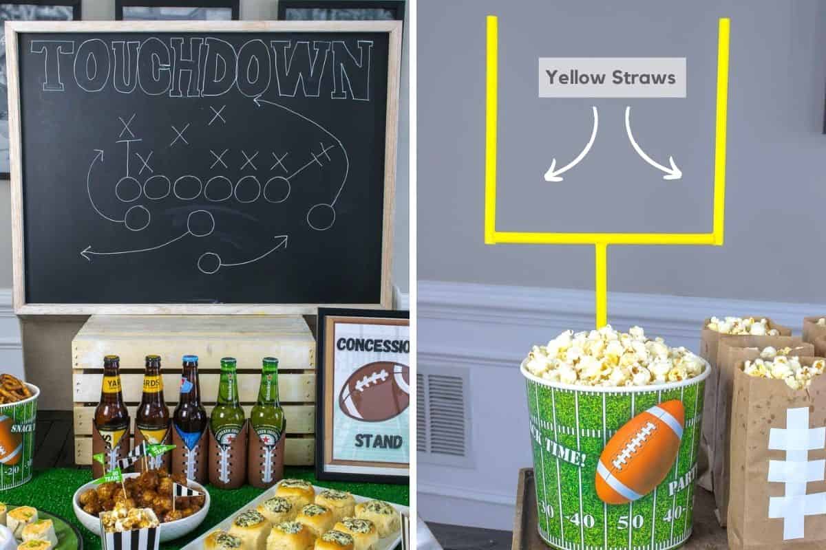 Football tablescape ideas with straw field goal post and play chalkboard.