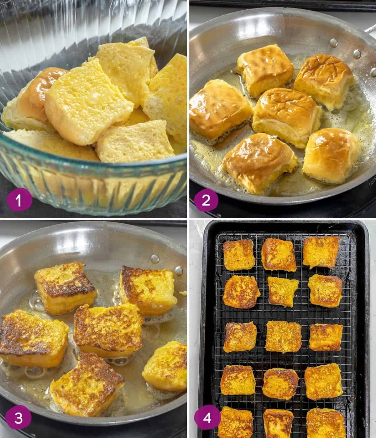Photo collage showing how to make Hawaiian bread french toast.