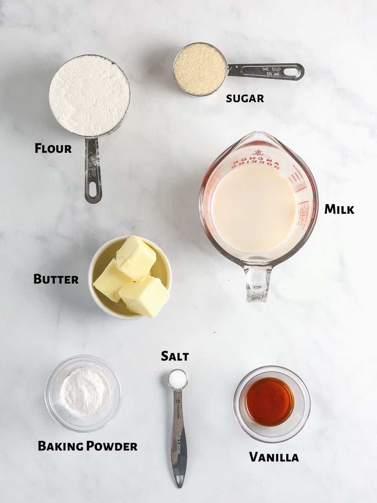 Ingredients to make silver dollar pancakes on table.