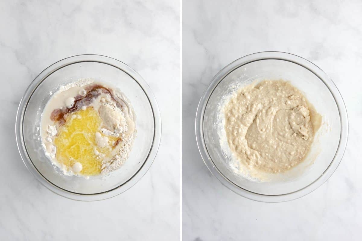 Overhead shot of mixing bowls with pancake ingredients inside.