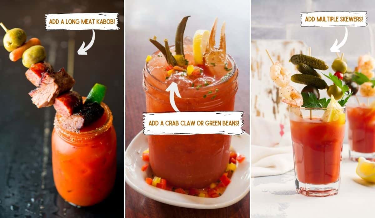 Different bloody mary garnishes on the table.