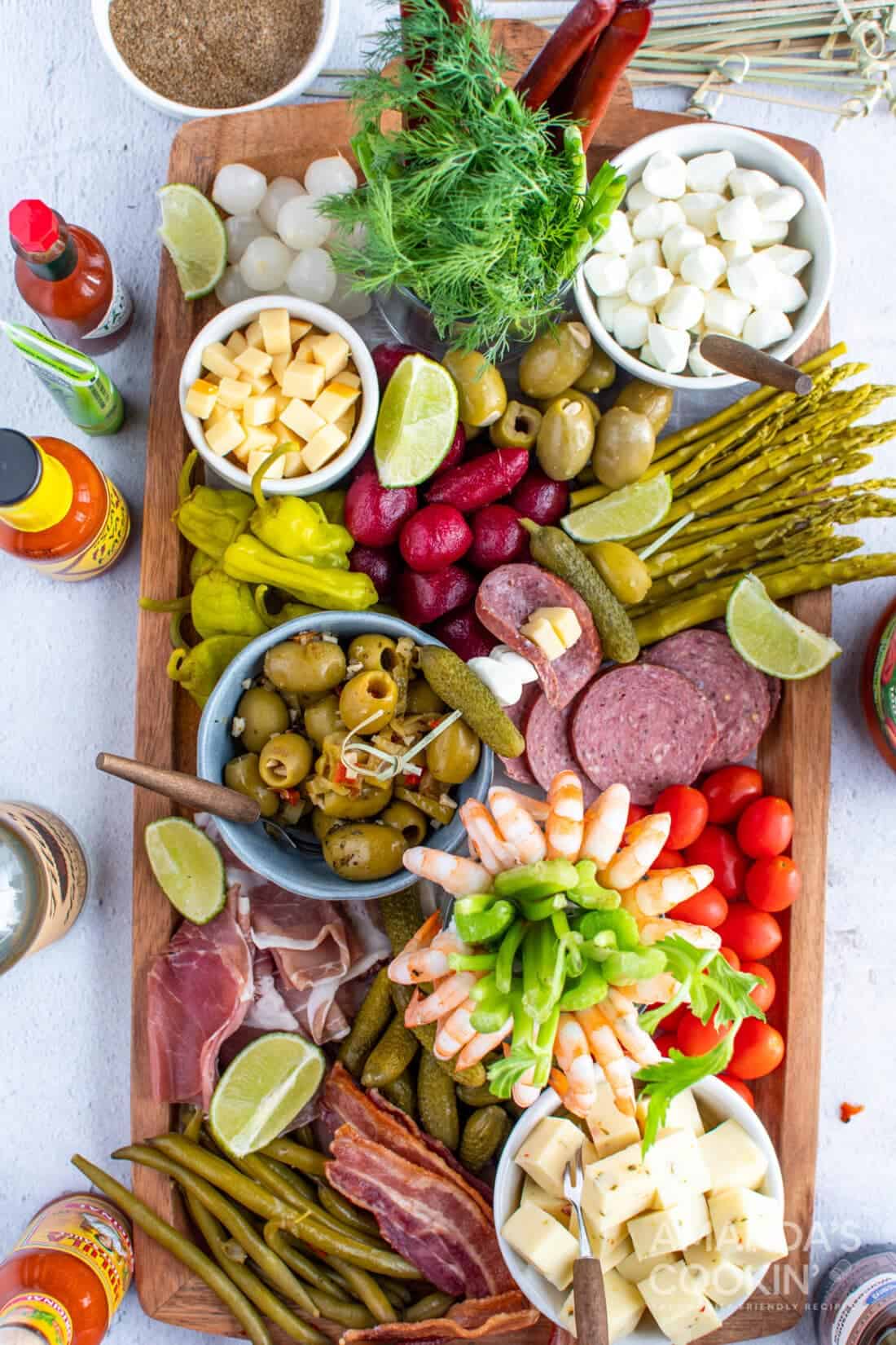 An array of bloody mary garnishes for your bloody mary cocktail.