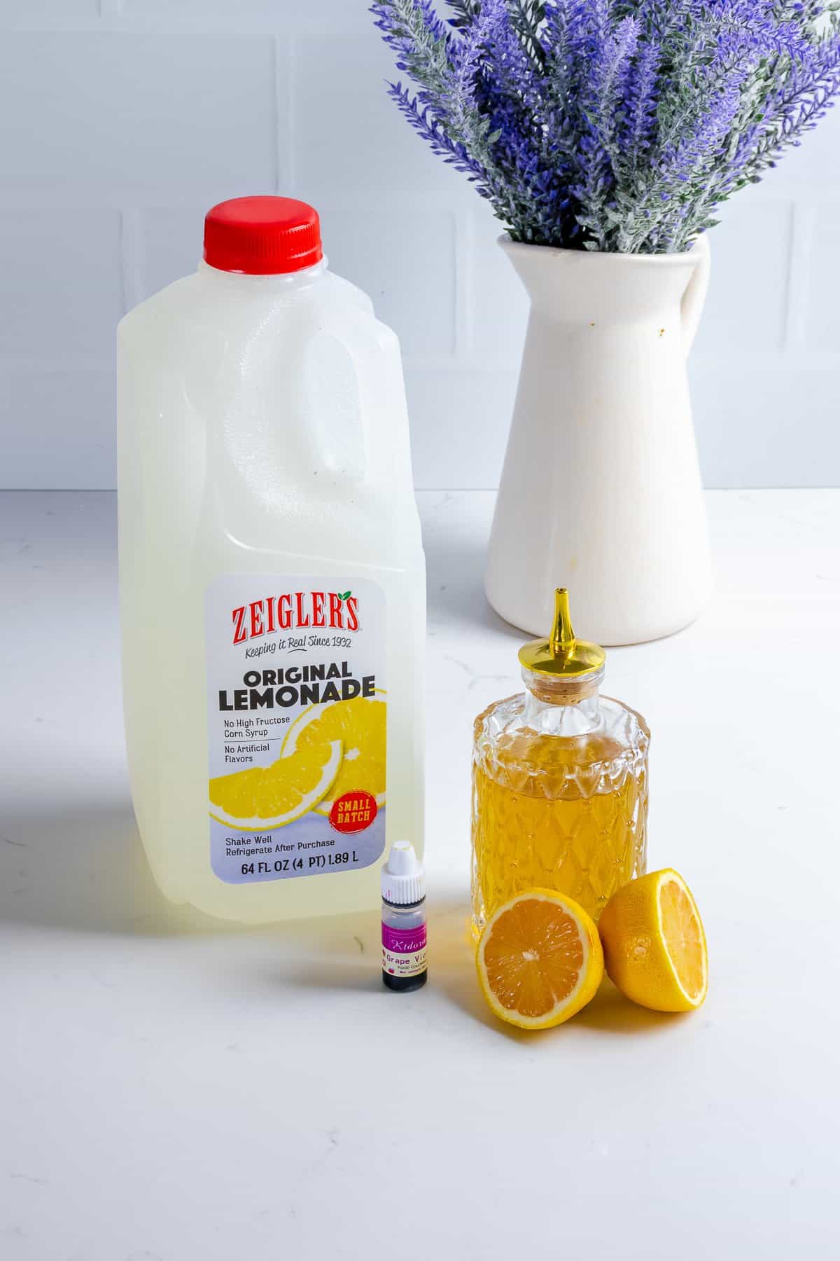 Lavender lemonade on table.