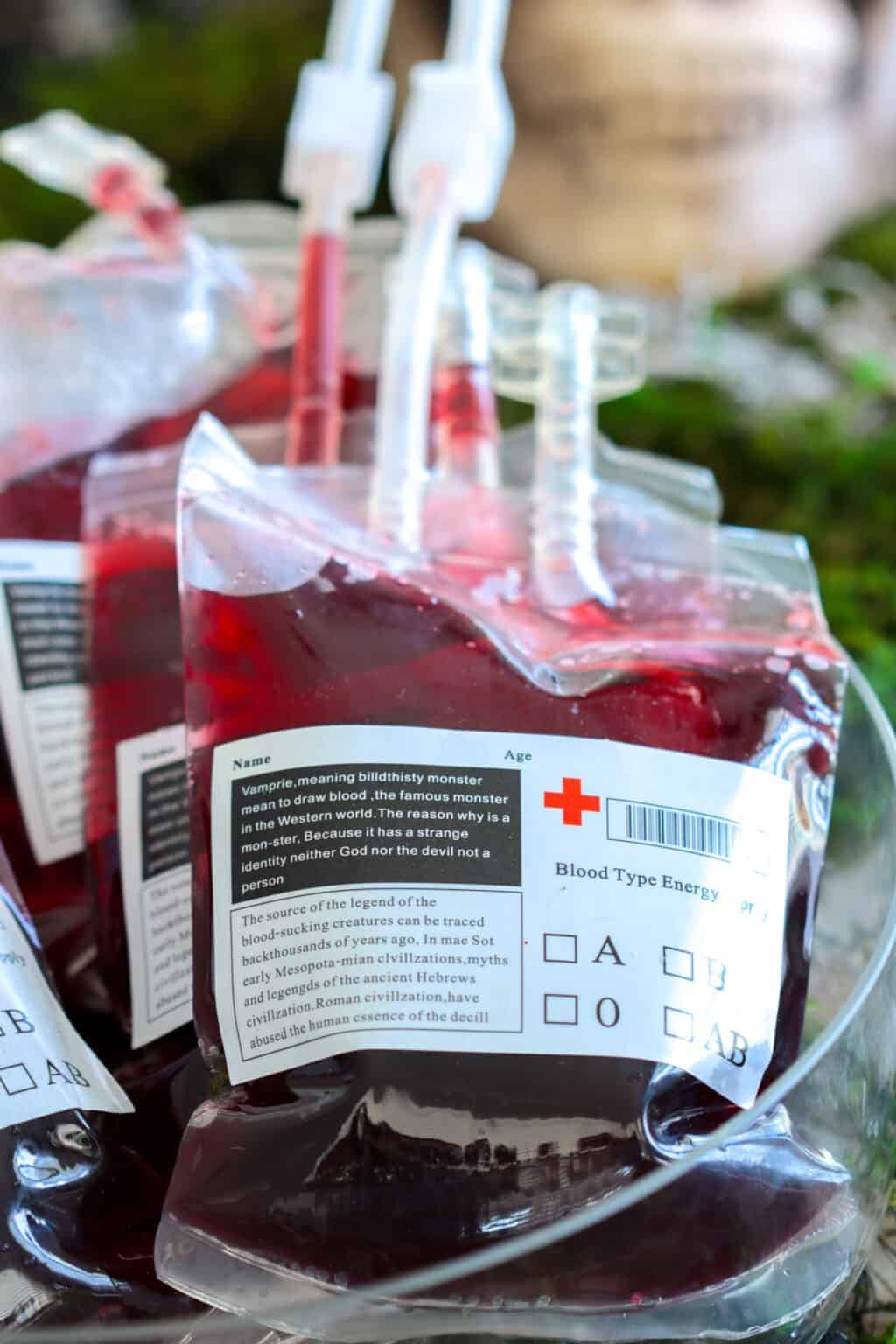 Blood bags filled with drinks.