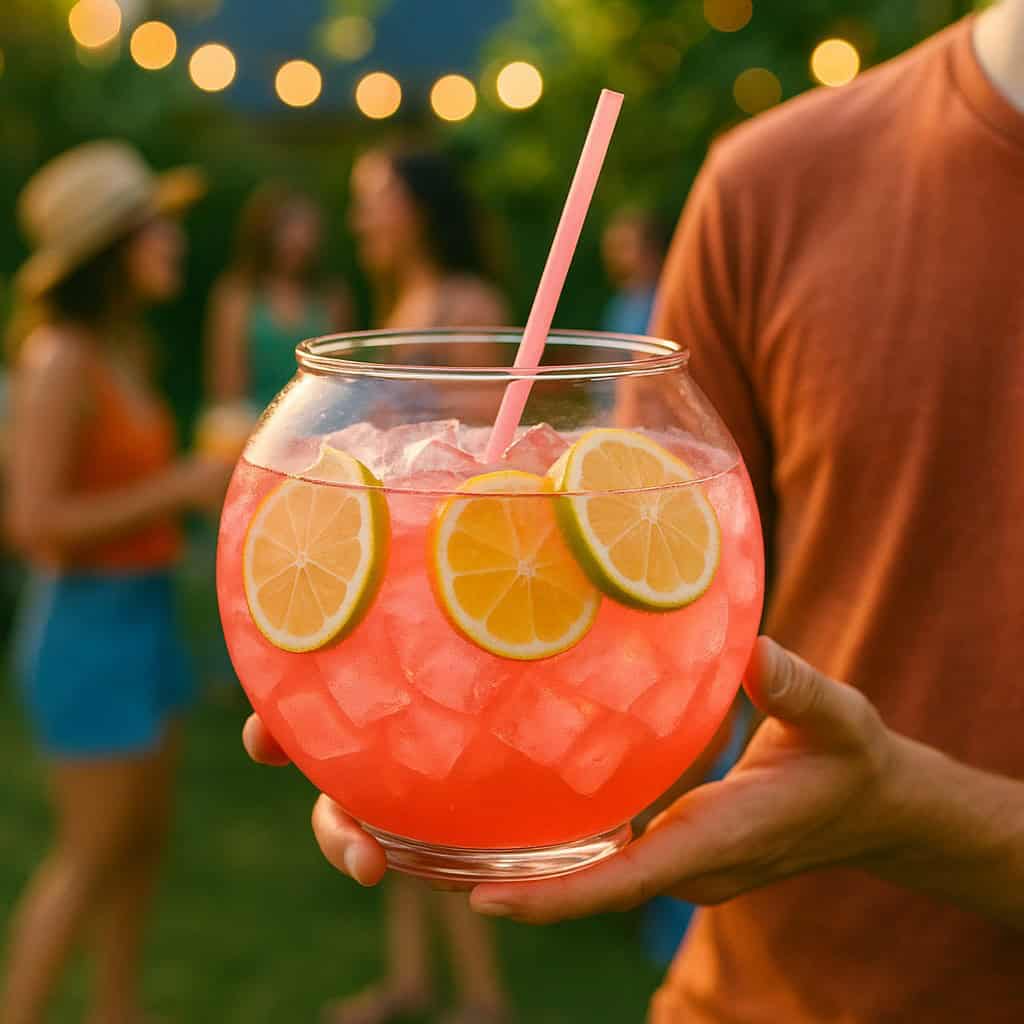 Fish bowl with a pink punch drink inside.