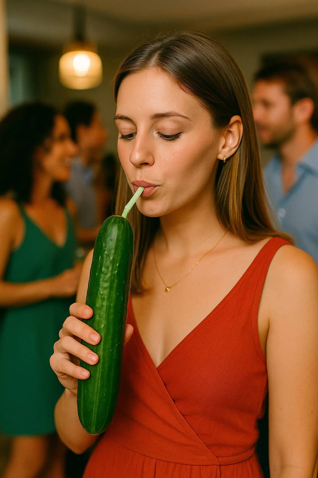 Woman is drinking out of a cucumber.