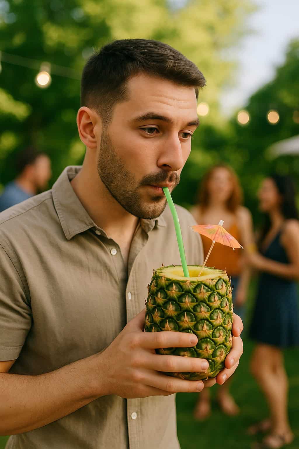 Man drinking out of pineapple.