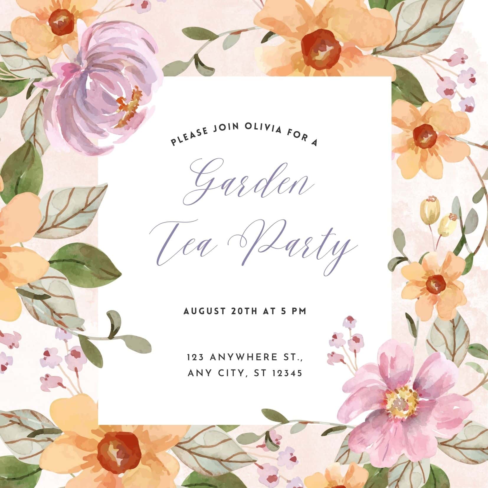 Tea party menu with flowers.