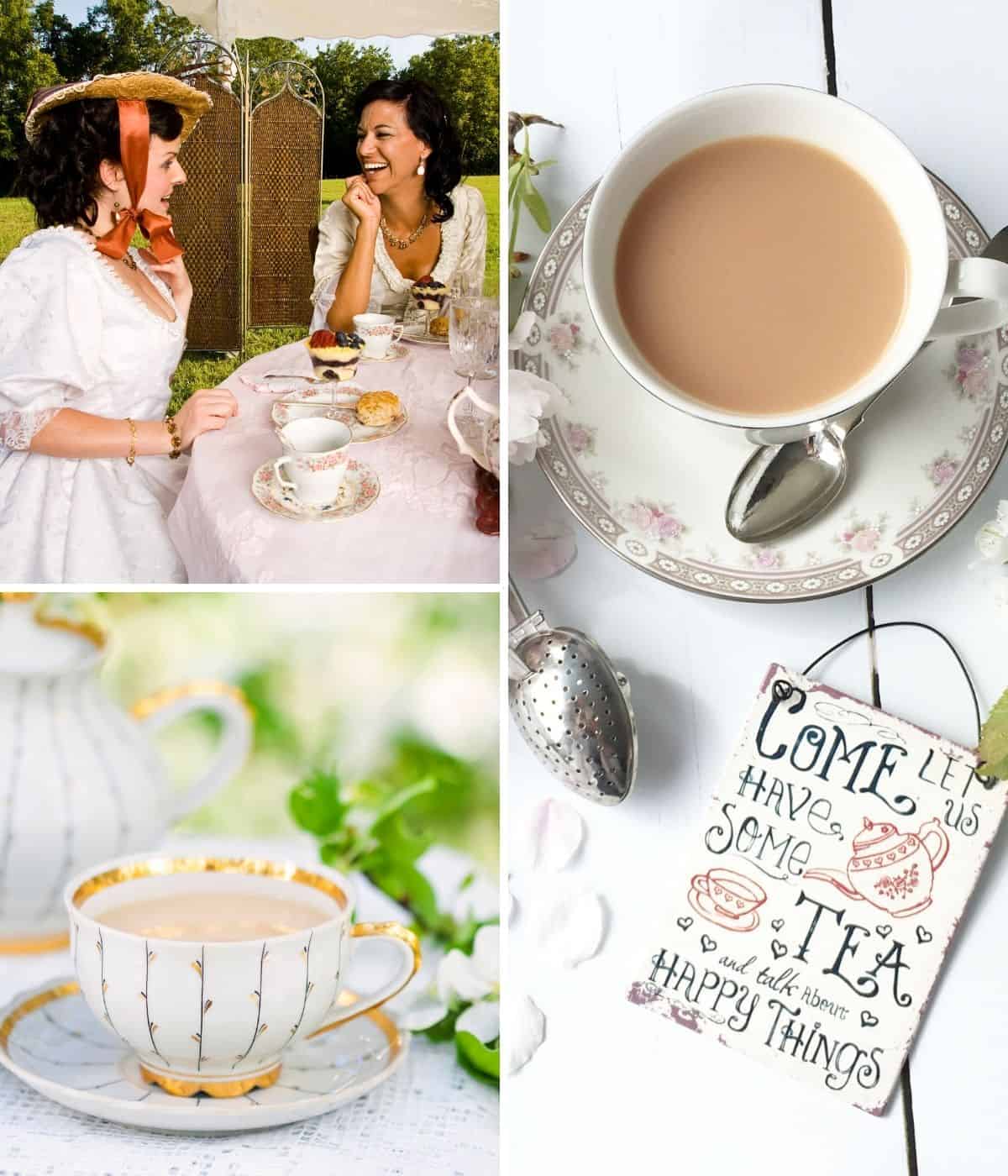 Image collage of tea party ideas.