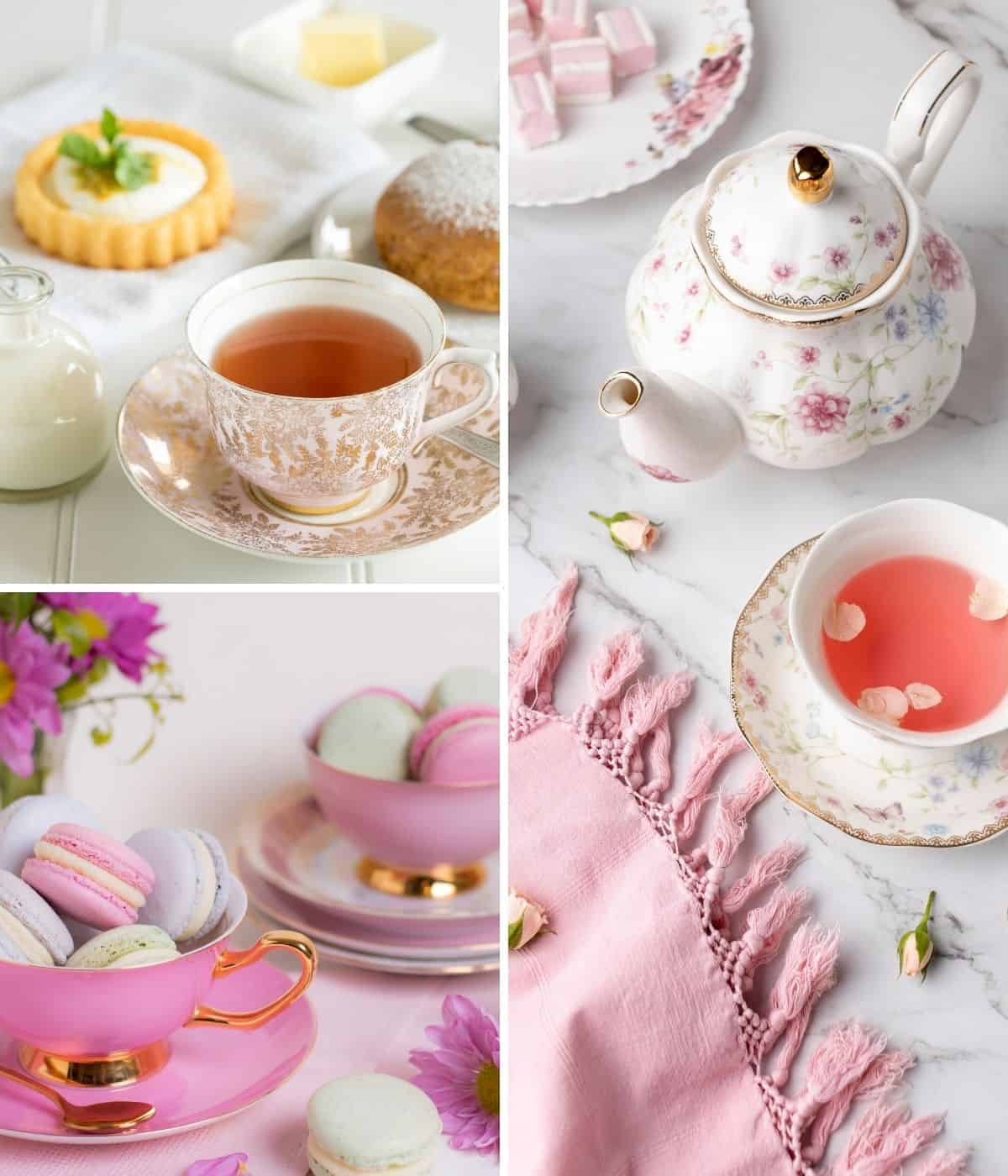 Collage images of tea party ideas and decor.