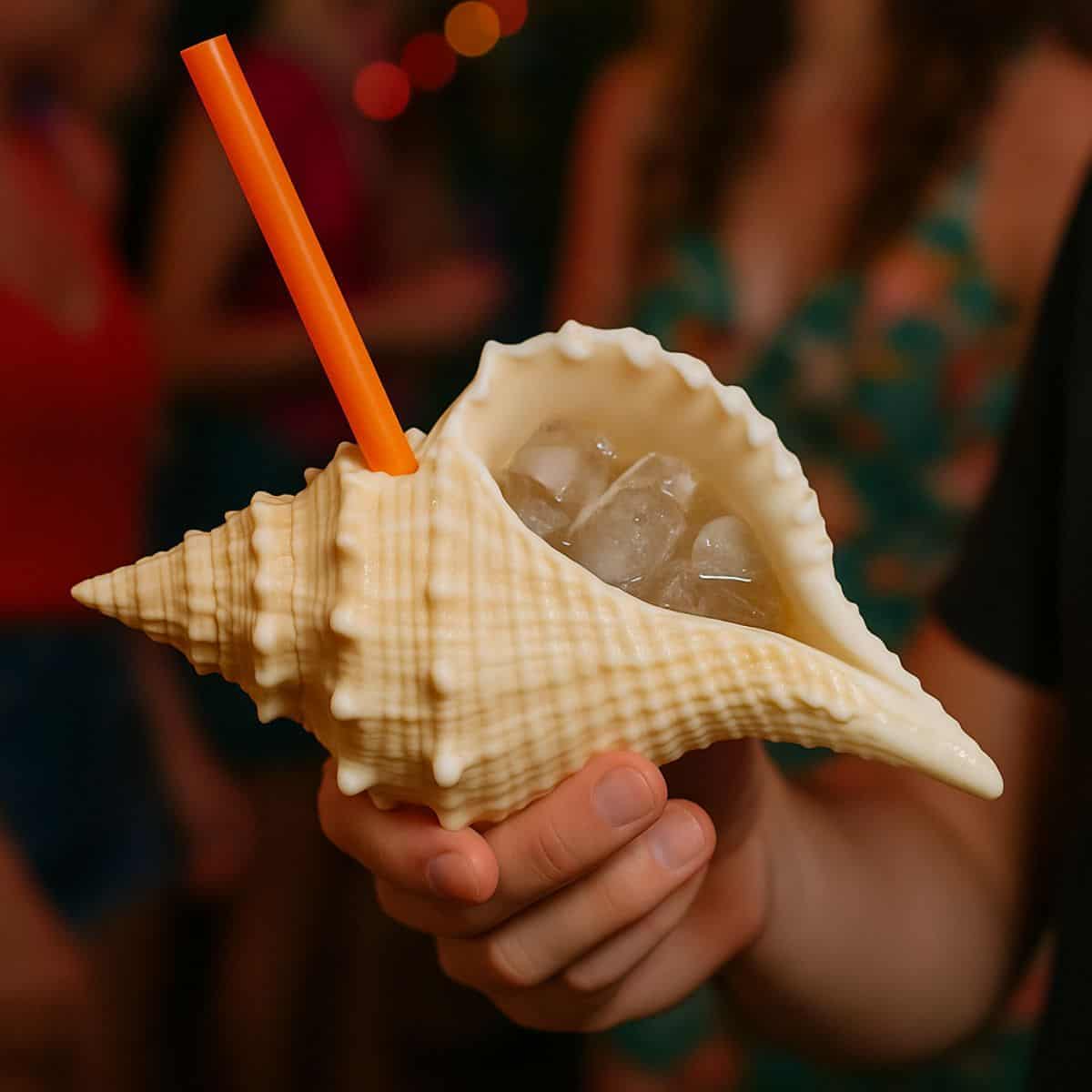 Conch shell with a drink and straw.