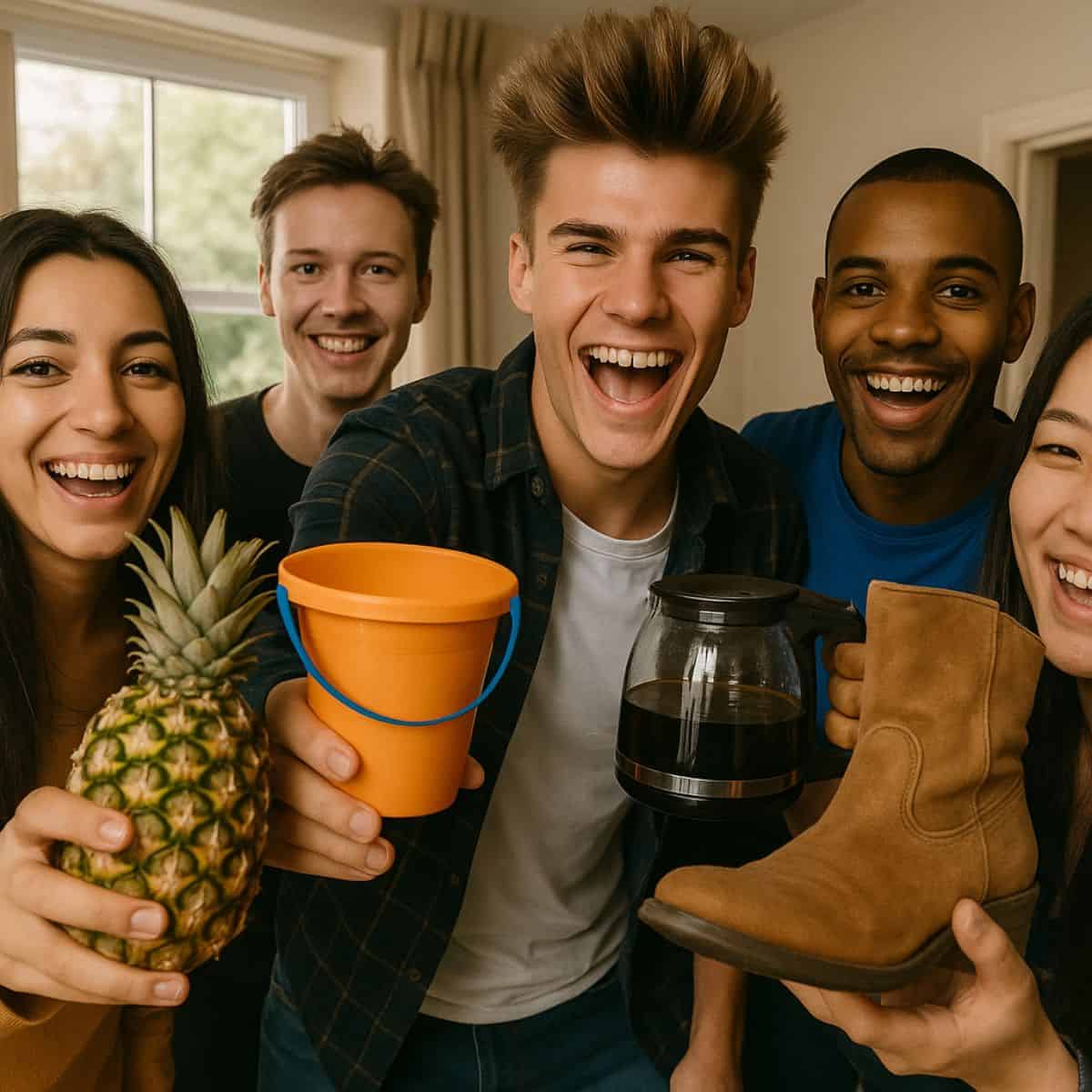 Kids holding up vessels to drink out of instead of cups.