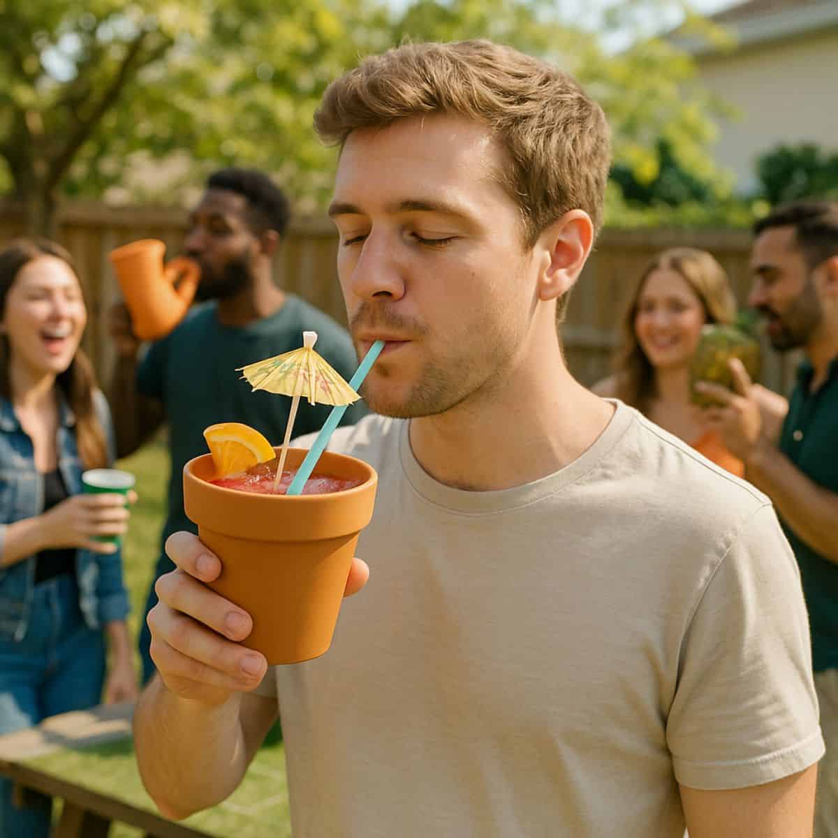Man drinking out of a flower pot outside.