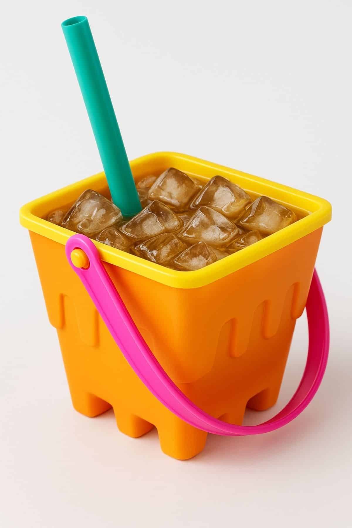 Beach bucket filled with a drink.