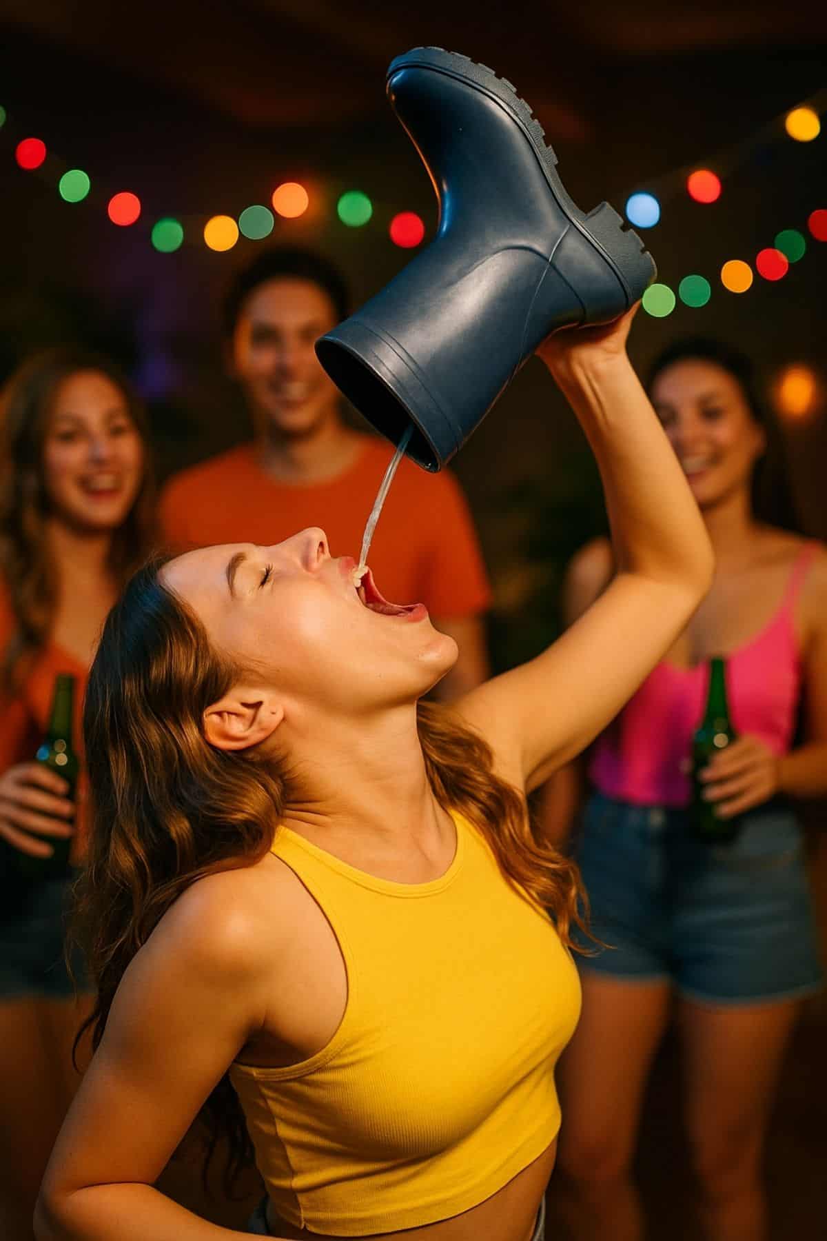 Woman drinking out of a boot.