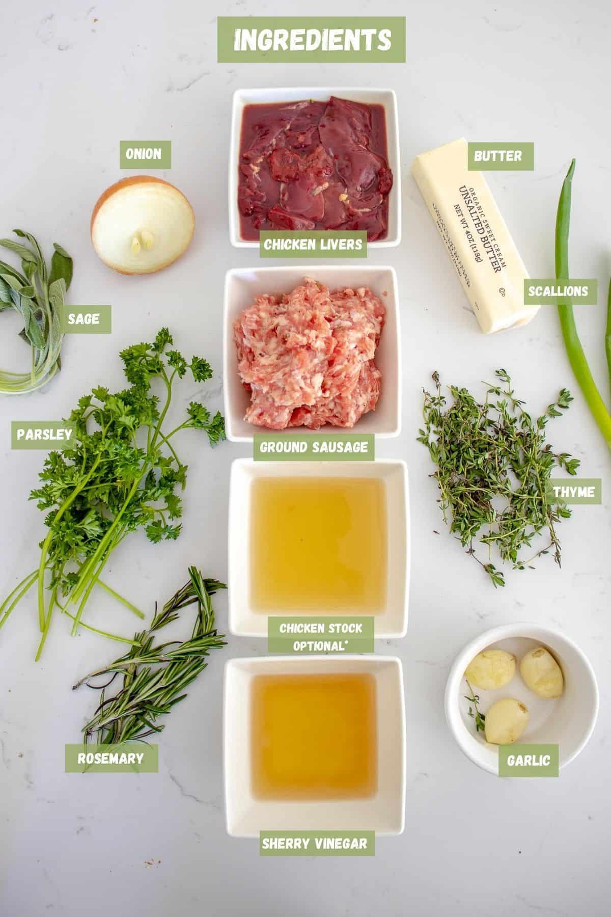 Ingredients to make a chicken liver pate.