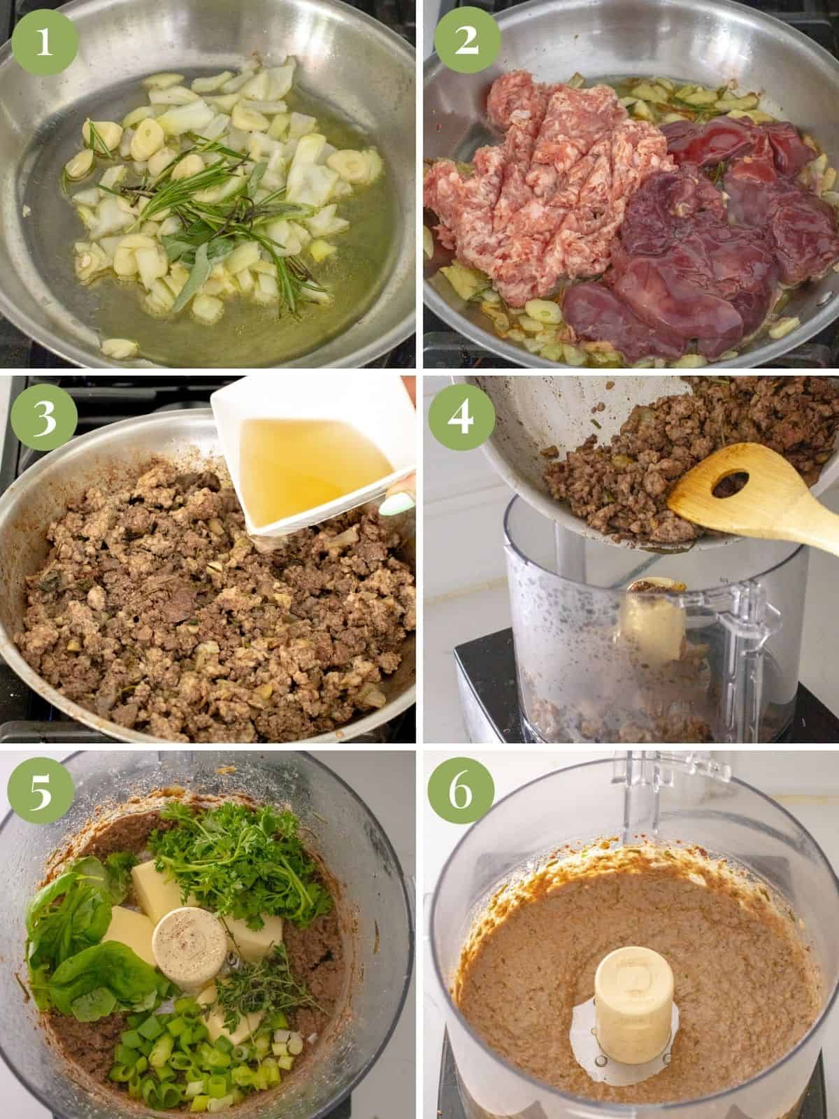 Steps showing how to make a chicken liver pate.