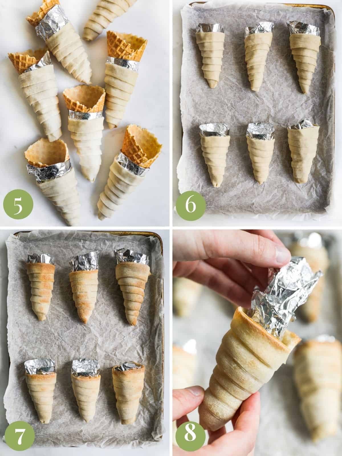 Showing how to form pizza cone molds and bake them.