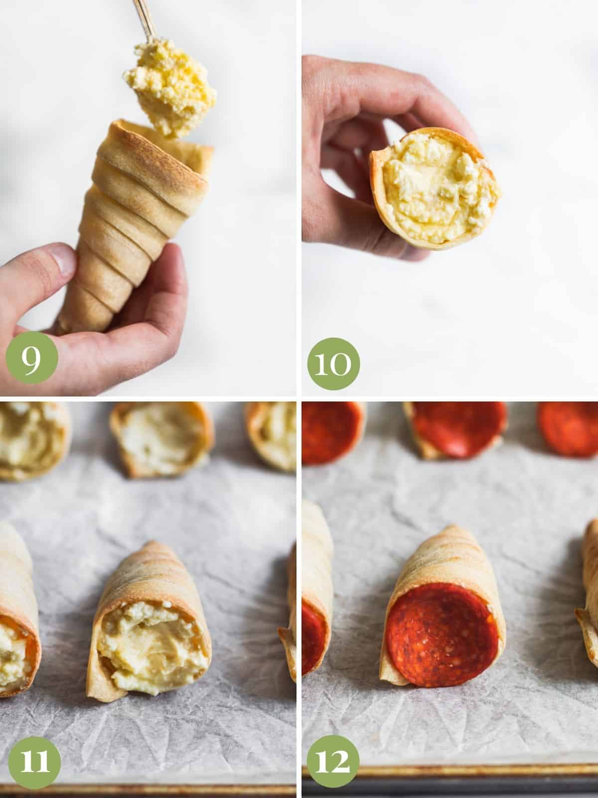 Showing how to fill the pizza cones.