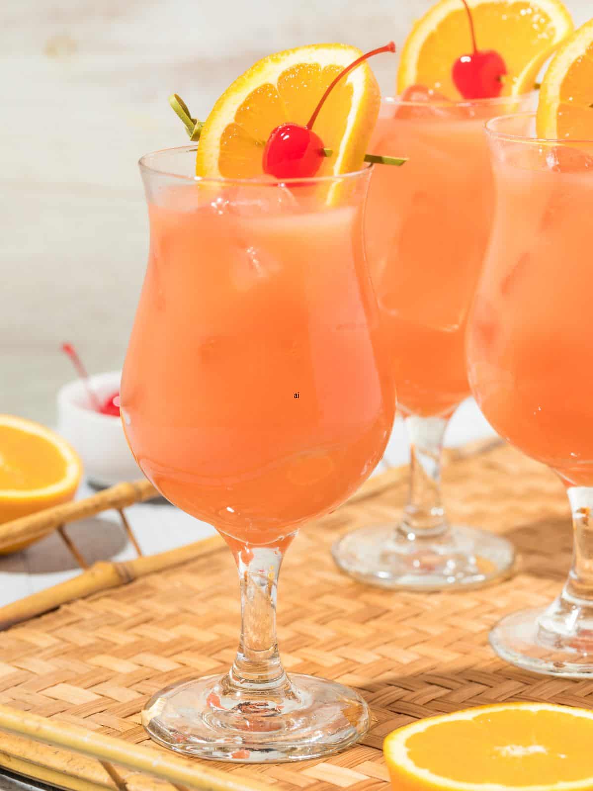 Hurricane Cocktail on table with cherry and orange slice,