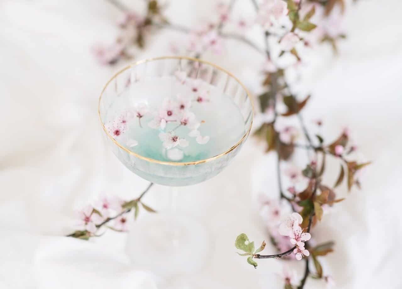 Cocktail with Cherry Blossom flowers in a glass.