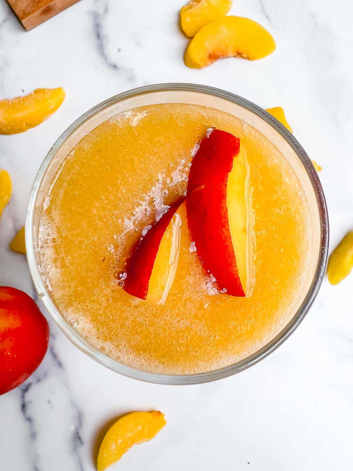 Birds eye view of frosé in a glass.